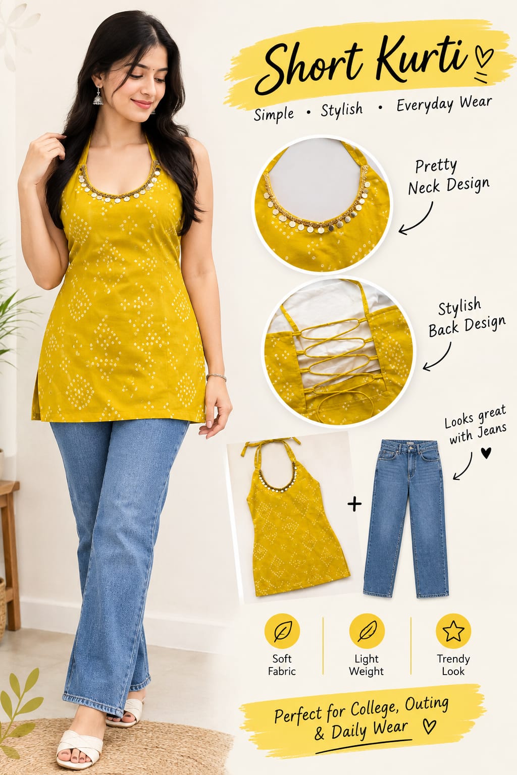 Yellow bandhani short kurti
